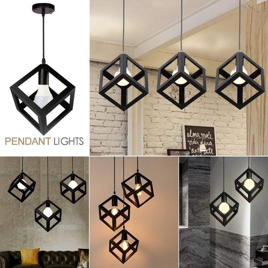 Single Head Vintage Black Metal Square Cube Shape Hanging Light